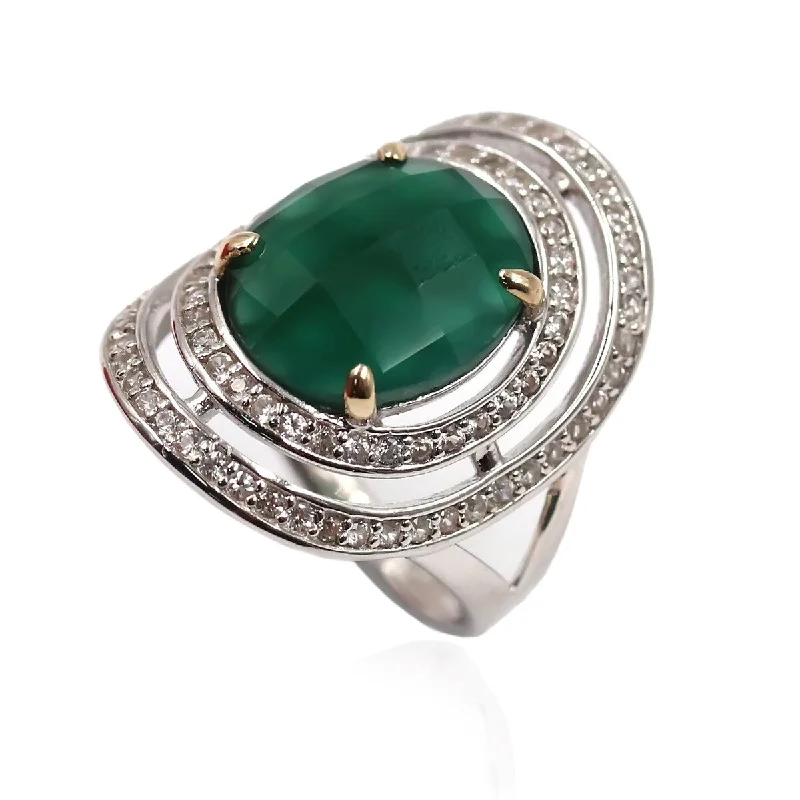 Women’s chunky ring-14k Gold and Sterling Silver Green Agate and Zircon Ring