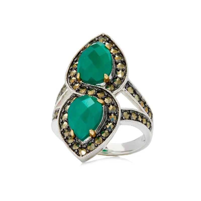 Women’s silver wedding ring-14k Gold and Sterling Silver Green Agate and Marcasite Ring