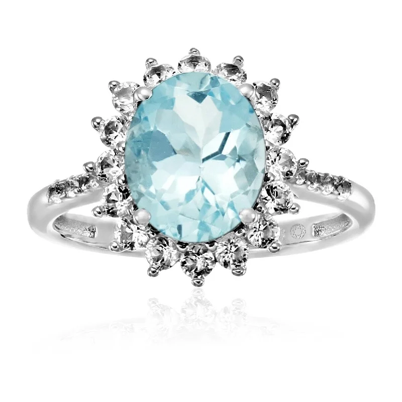 Women’s double ring-925 Sterling Silver Aquamarine and Created White Sapphire Ring