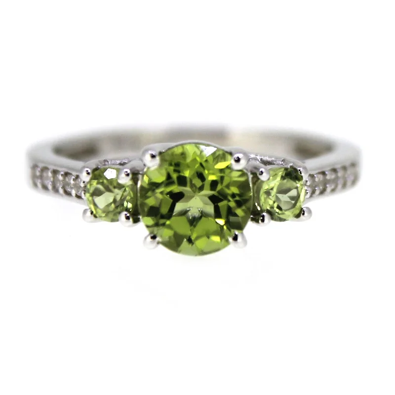 Women’s adjustable band ring-925 Sterling Silver Peridot and White Natural Zircon 3-Stone Ring