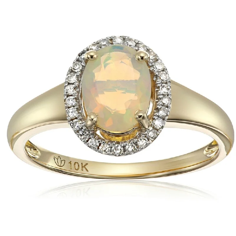 Women’s men’s ring-10k Yellow Gold Ethiopian Opal & Diamond Princess Dianal Ring, Size 7 - White