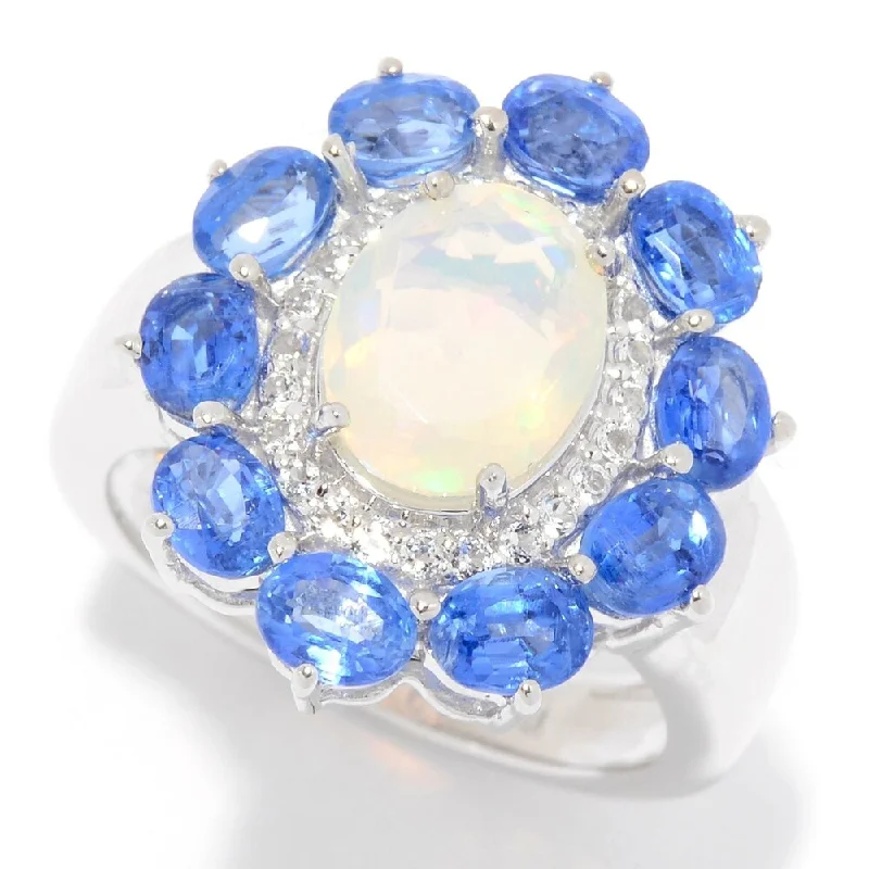 Women’s diamond cluster ring-Sterling Silver Ethiopian Opal, Kyanite & White Topaz Flower Ring