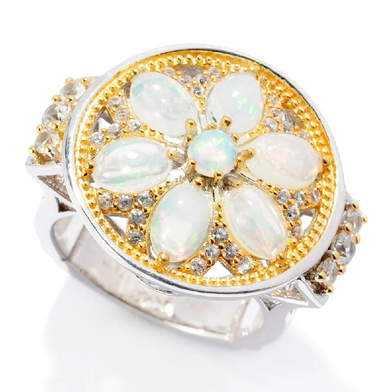 Women’s vintage-inspired ring-Sterling Silver Two-tone Ethiopian Opal & White Zircon Flower Ring