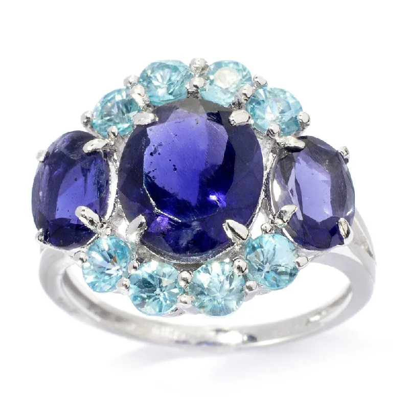 Women’s platinum wedding band-Sterling Silver 4.92ctw Iolite & Aqua Zircon Three-Stone Ring