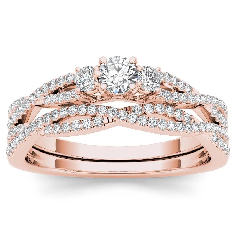 Women’s halo diamond ring-De Couer IGI Certified 14k Rose Gold 1/2ct TDW Diamond Three-Stone Anniversary Ring Set with One Band - Pink