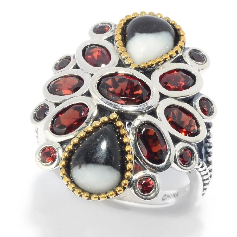 Women’s halo diamond ring-Sterling Silver White Buffalo & Mozambique Garnet Cluster Ring