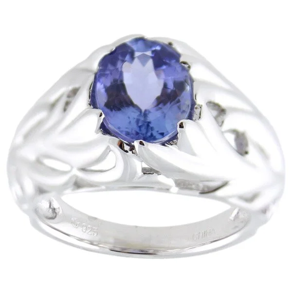 Women’s classic ring-Sterling Silver Oval Tanzanite Textured Leaf Ring