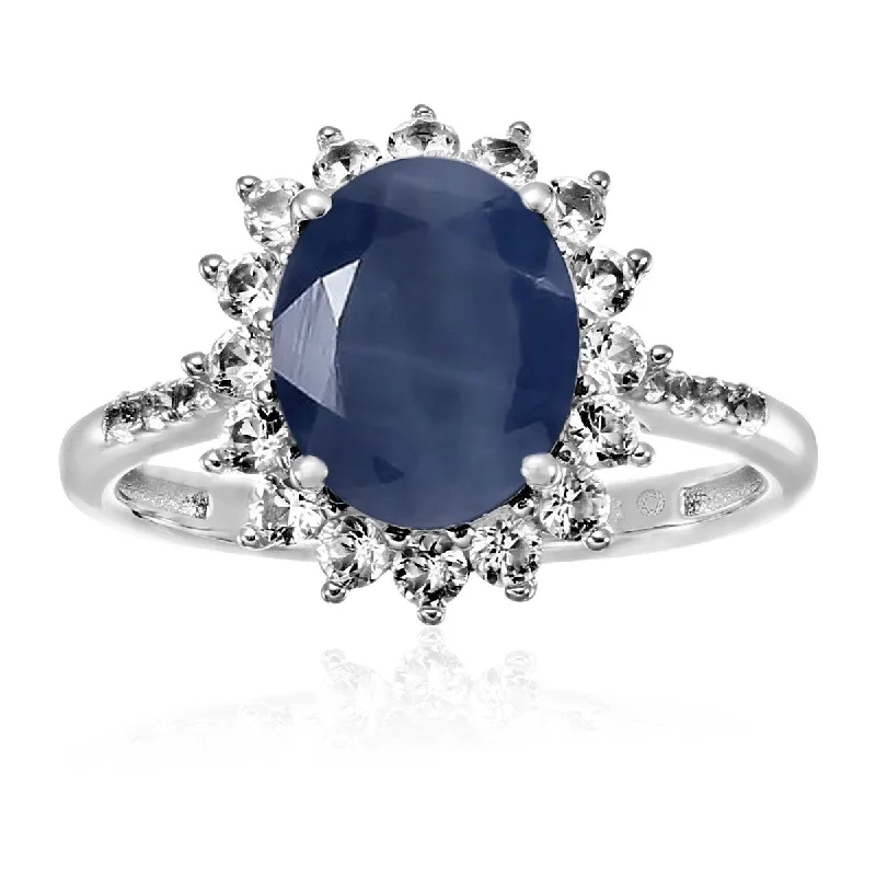 Women’s chunky ring-Sterling Silver Indian Blue Sapphire and Created White Sapphire Ring