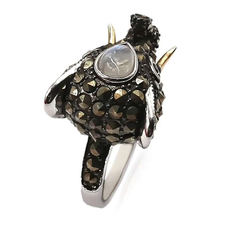 Women’s cocktail ring-14k Gold and Sterling Silver Moonstone and Marcasite Ring