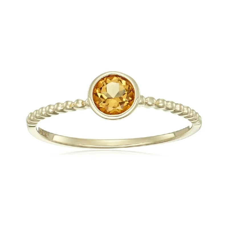 Women’s gold wedding ring-10KT Yellow Gold Citrine Solitaire Beaded Shank Stack Ring