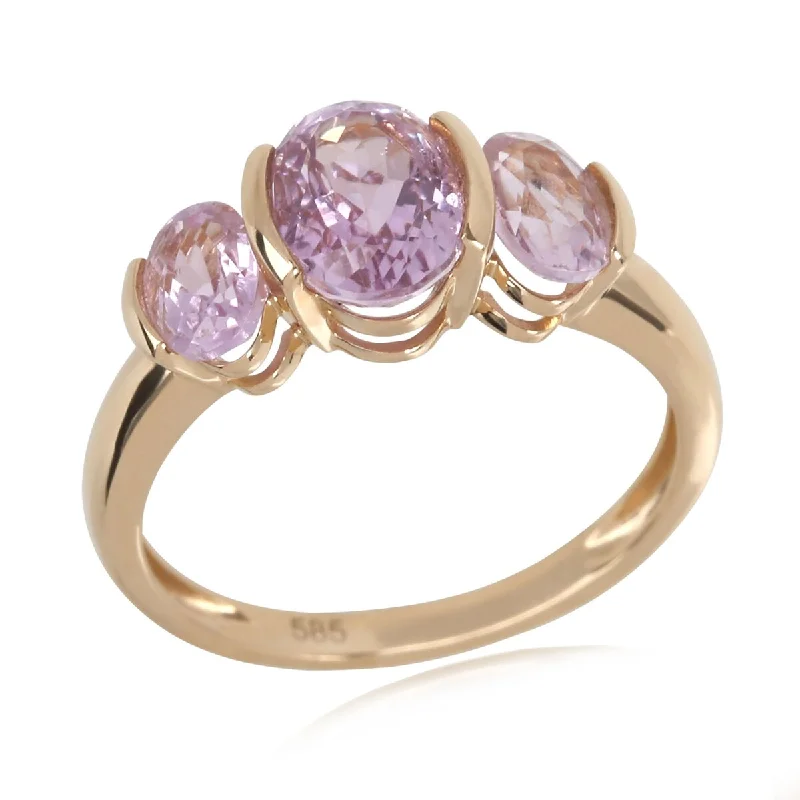 Women’s moonstone engagement ring-14Kt Yellow Gold Kunzite 3 Stone Ring