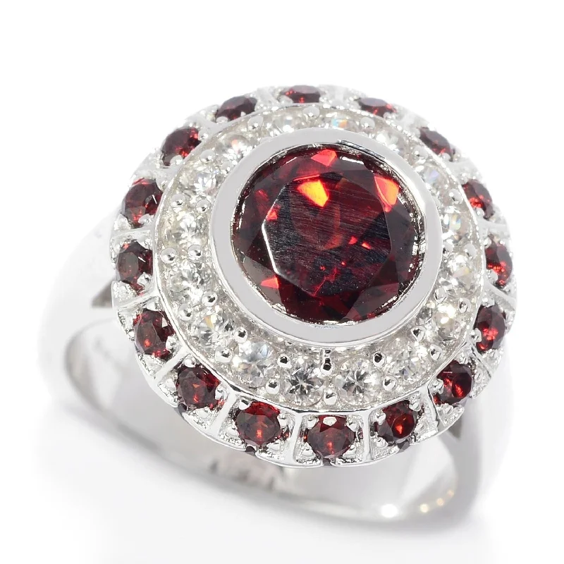 Women’s round diamond ring-Sterling Silver Garnet Round Cut Bezel Det Multi Halo Ring - Red