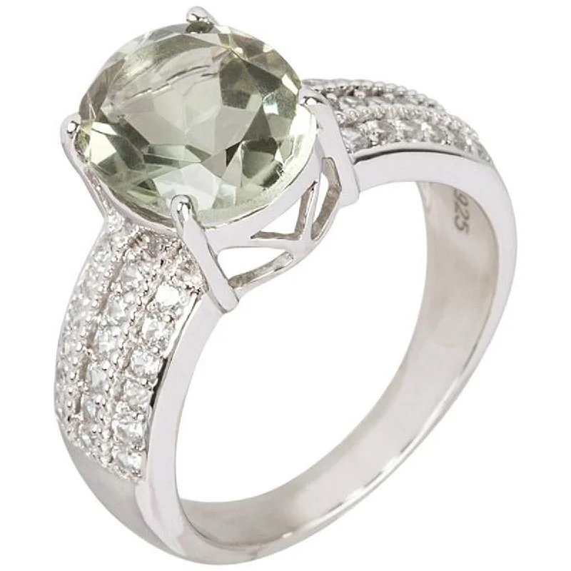 Women’s modern engagement ring-925 Sterling Silver Green Amethyst and White Natural Zircon Ring