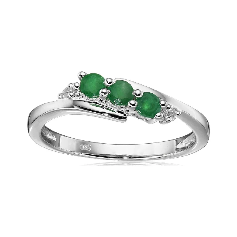 Women’s handmade ring-925 Sterling Silver Zambian Emerald,White Natural Zircon 3-Stone Ring