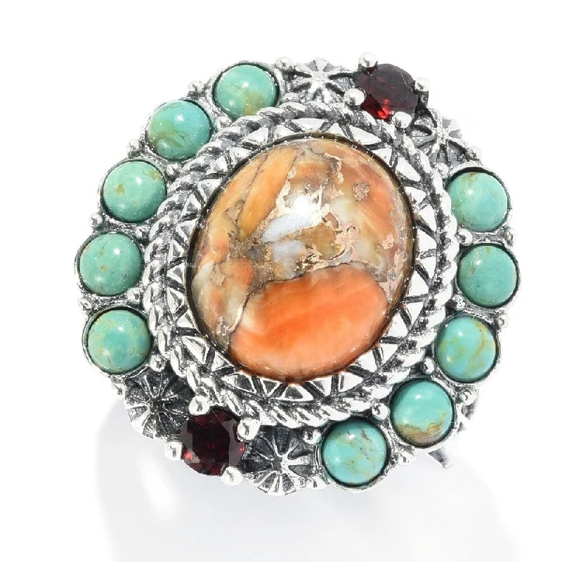 Women’s round diamond ring-Sterling Silver Orange Spiny Oyster & Gemstone Halo Ring