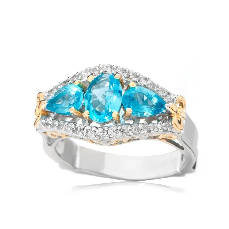 Women’s double ring-Sterling Silver Two-Tone Paraiba Color Blue Apatite & White Zircon Ring