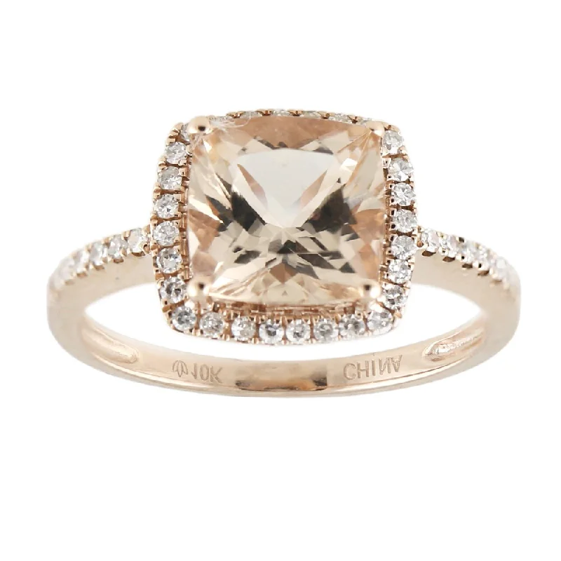 Women’s minimalist ring-10k Rose Gold Morganite and 1/5ct TDW Diamond Solitaire Cushion Ring (H-I, I1-I2)