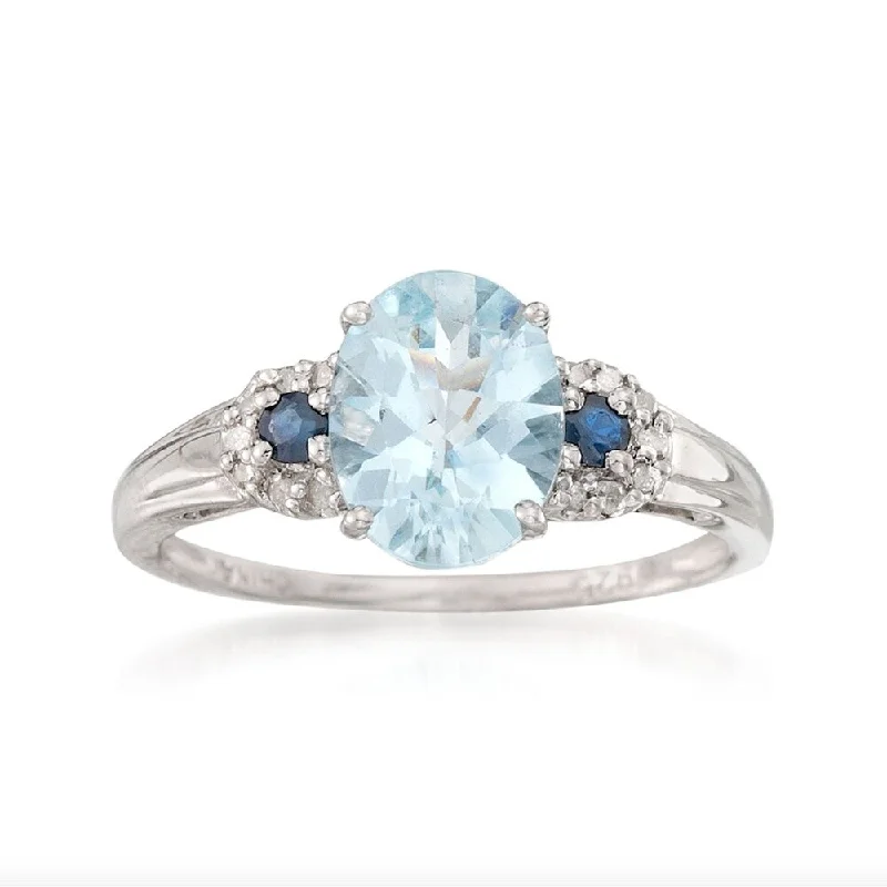 Women’s floral ring-Pinctore 10k White Gold Aquamarine, Blue Sapphire & Diamond Ring, Size 7