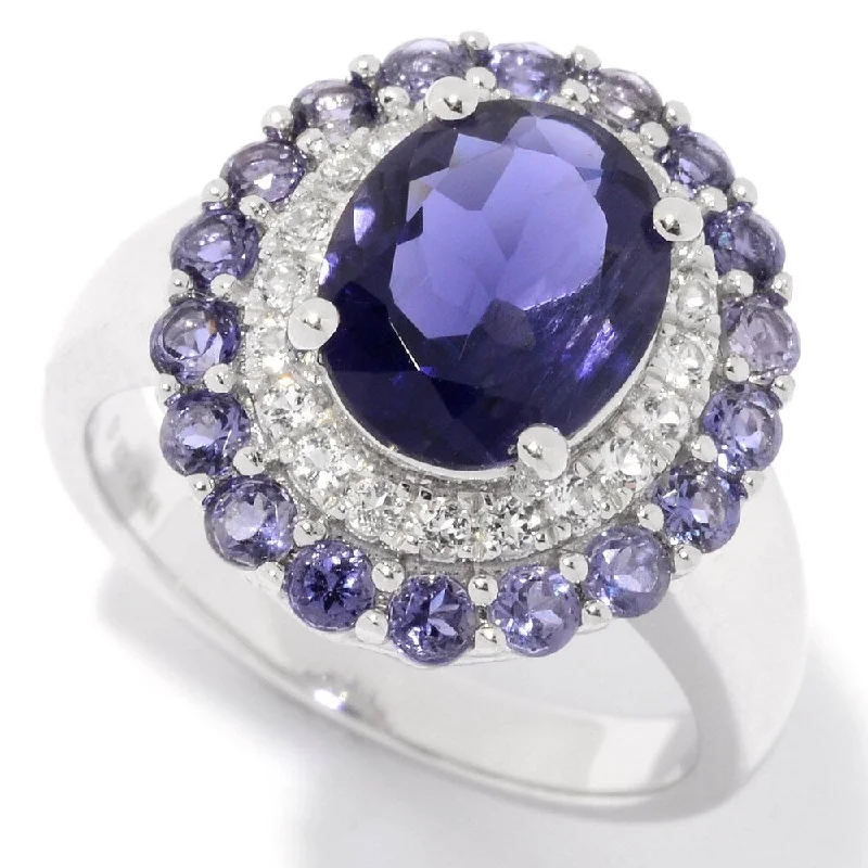 Women’s wedding set-Sterling Silver Iolite & White Topaz Double Halo Ring