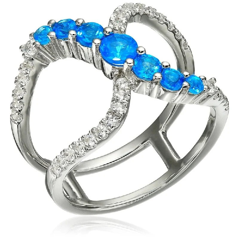 Women’s wedding ring with diamonds-Sterling Silver Neon Apatite & Created White Sapphire Ring, Size 7 - Blue