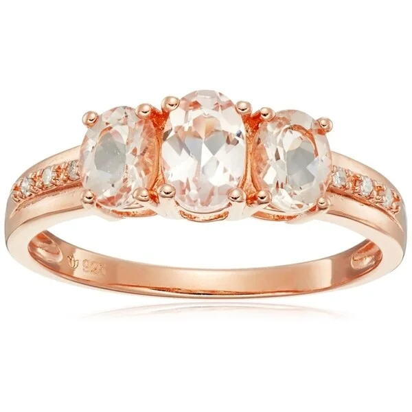 Women’s wedding set ring-Rose Gold-plated Silver Morganite, Diamond 3-Stone Oval Ring, Size 7 - Pink