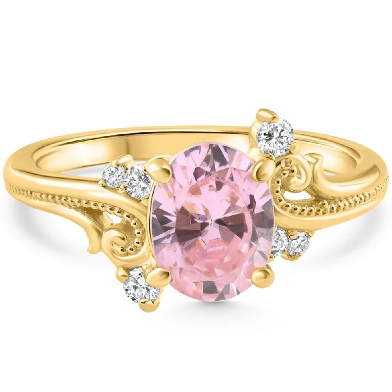 Women’s family ring-1 3/4Ct Pink Topaz & Diamond Deco Ring Gold Lab Grown