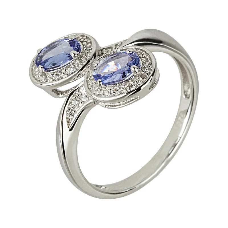 Women’s silver engagement ring-925 Sterling Silver Tanzanite and White Natural Zircon Bypass Ring