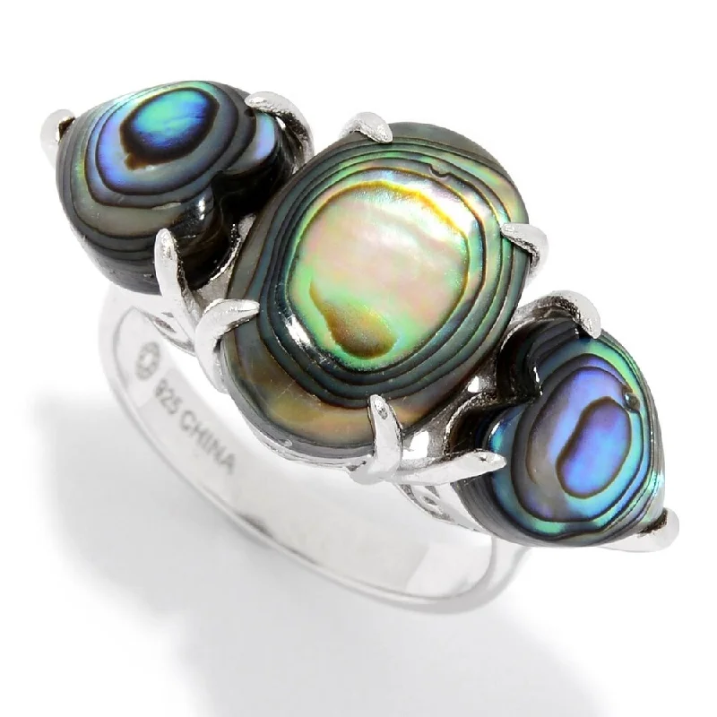 Women’s custom-made engagement ring-Sterling Silver Abalone Doublet Three-Stone Ring