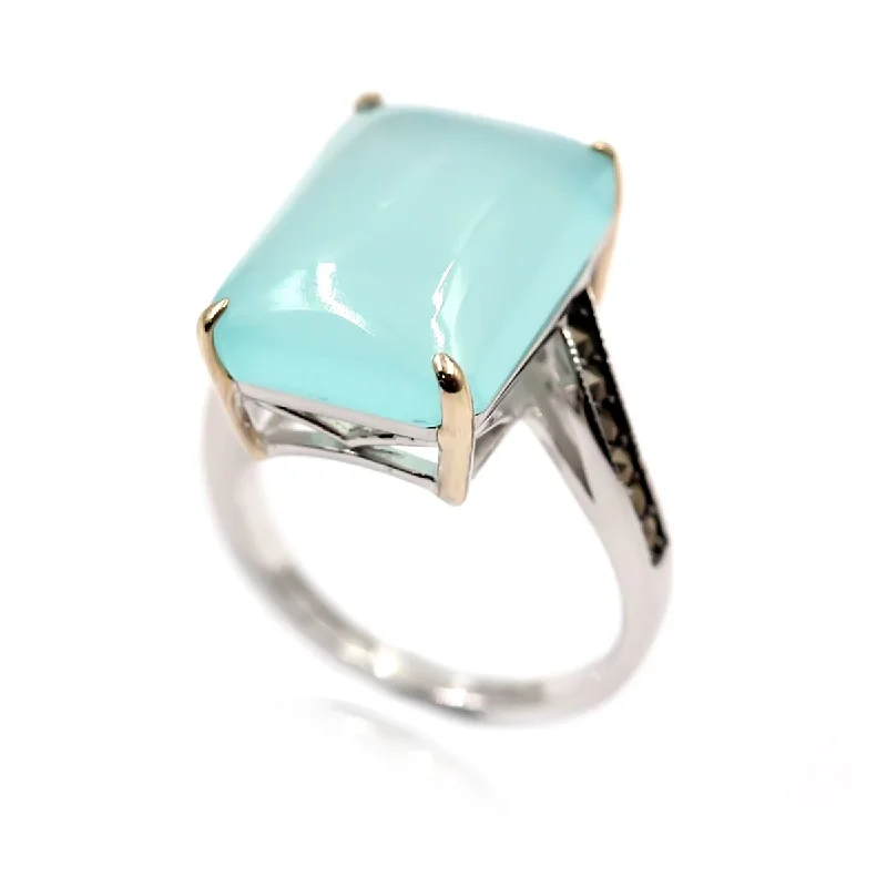 Women’s men’s style ring-14k Gold and Sterling Silver Aqua Chalcedony and Marcasite Ring