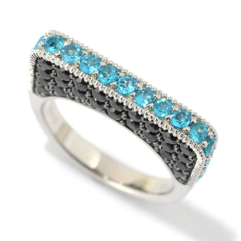 Women’s pearl engagement ring-SS/ 2.7ctw Neon Apatite & Black Spinel Flat Top Stack Band Ring