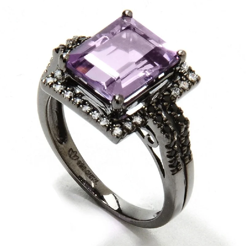 Women’s sapphire engagement ring-Black Rhodium O/ Silver 3.73Ctw African Amethyst Solitaire W/ Accent Ring