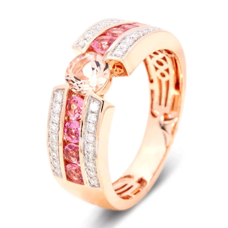 Women’s emerald-cut ring-14Kt Rose Gold Morganite, Pink Tourmaline, Diamond Ring