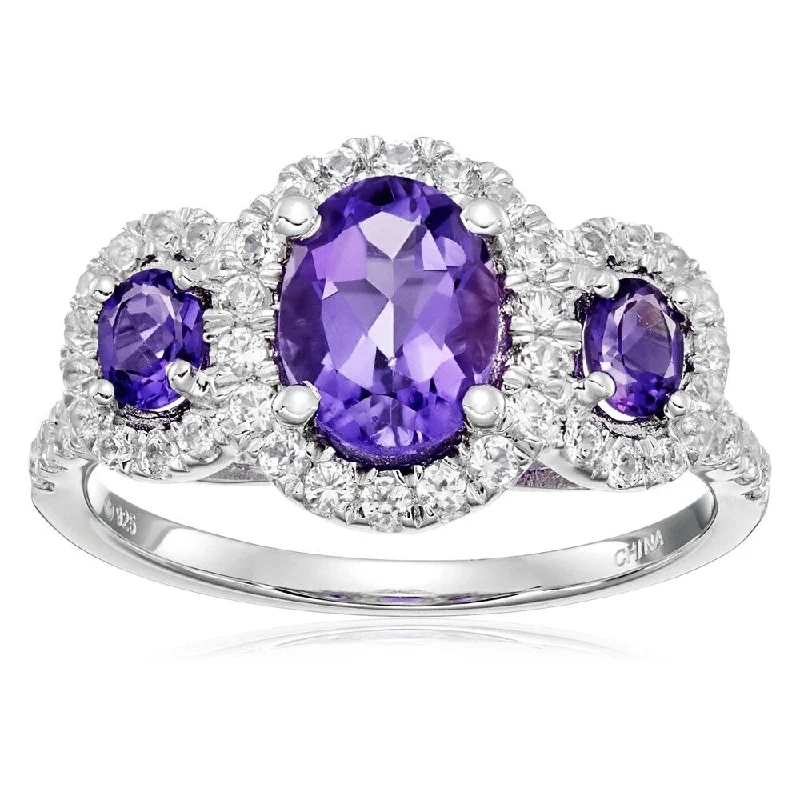 Women’s adjustable band ring-925 Sterling Silver African Amethyst and Created White Sapphire Ring