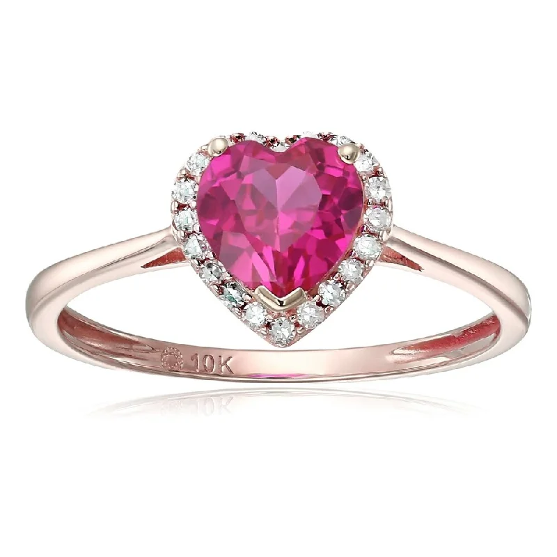 Women’s large stone ring-10k Rose Gold Created Ruby & Diamond Solitaire Heart Halo Ring