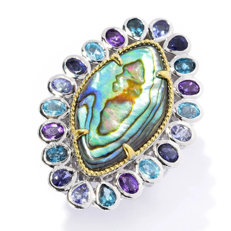 Women’s princess cut ring-Dallas Prince 26 x 14.5mm Abalone & Multi Gemstone Elongated Ring.