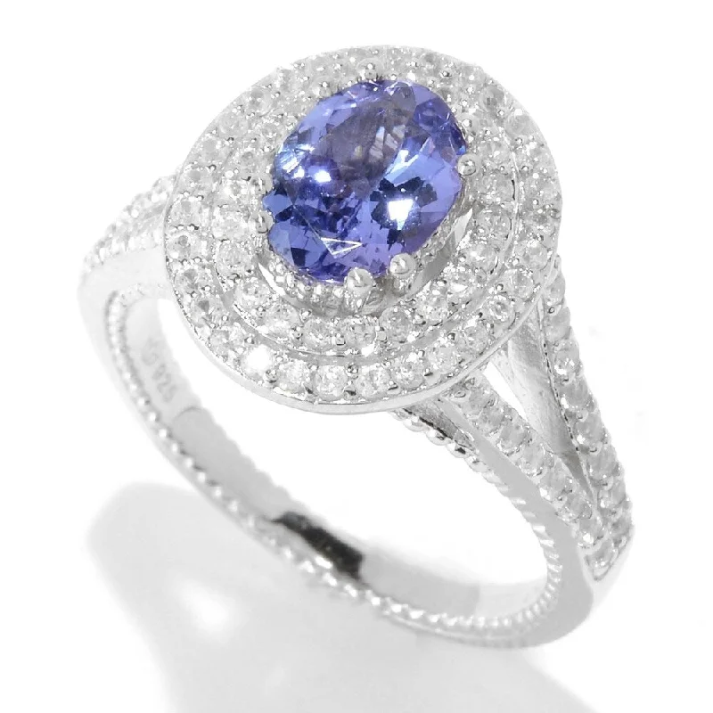 Women’s platinum ring-Sterling Silver Tanzanite & White Zircon Double Halo Ring