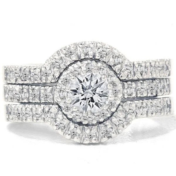 Women’s chunky ring-14k White Gold 1 1/4ct TDW Diamond Halo Bridal Ring Set