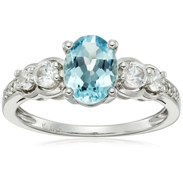 Women’s custom ring-Sterling Silver Aquamarine & Created White Sapphire Ring, Size 7 - Blue