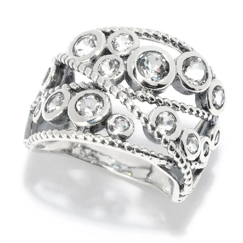 Women’s adjustable ring-Sterling Silver Round White Topaz Beaded Wide Band Ring