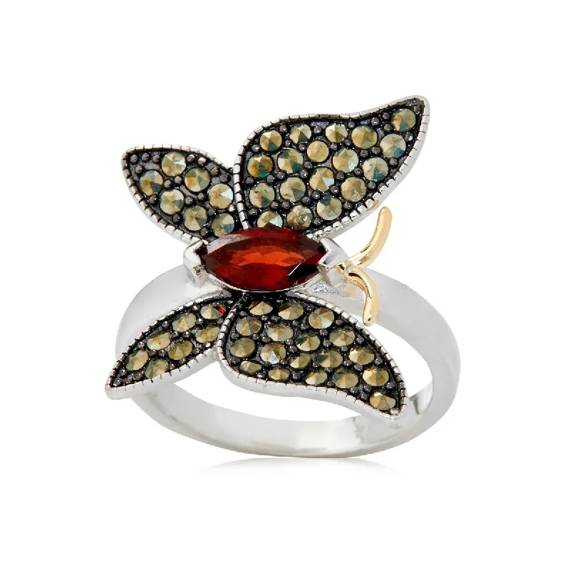 Women’s solitaire ring-14k Gold and Sterling Silver Red Garnet and Marcasite Ring