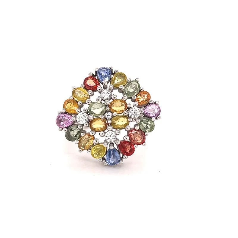 Women’s large stone ring-925 Sterling Silver Multi Sapphire and White Natural Zircon Ring