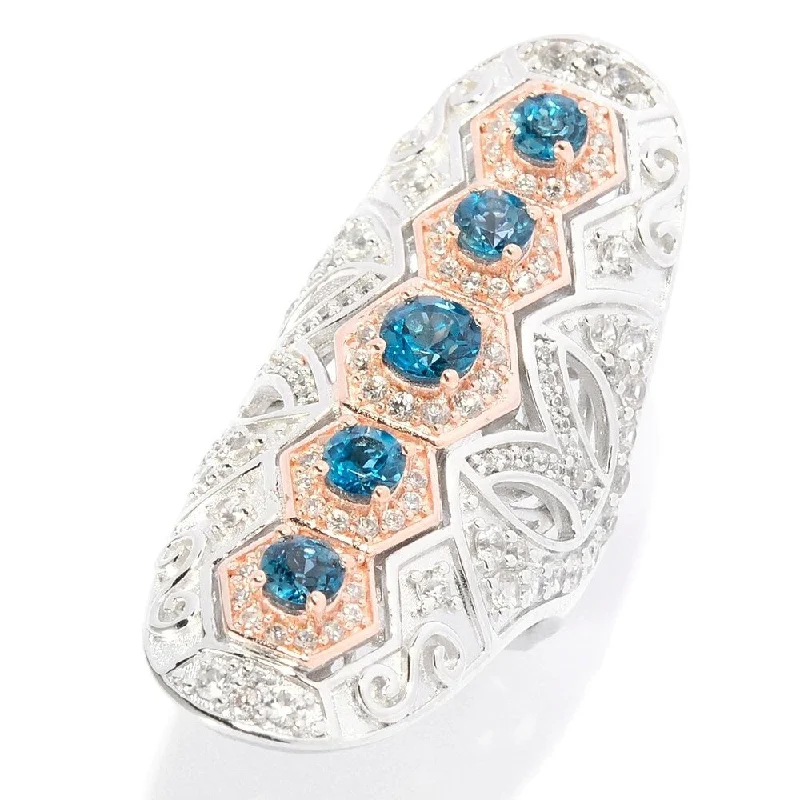 Women’s band ring-London Blue Topaz & White Zircon Cut-out Scrollwork Elongated Ring