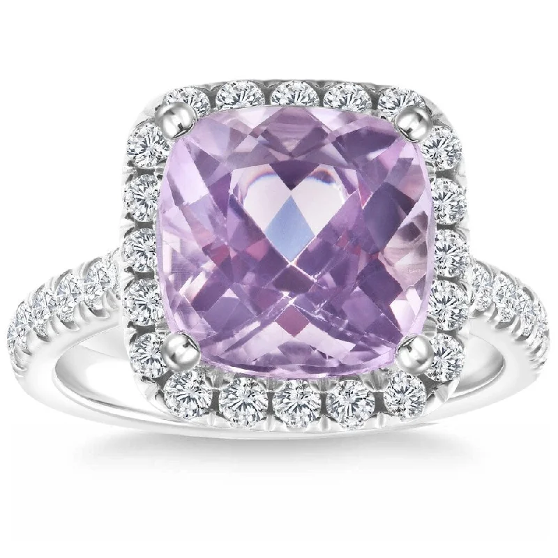 Women’s round diamond ring-6 1/4Ct Cushion Pink Kunzite & Diamond Halo Ring Gold Lab Grown