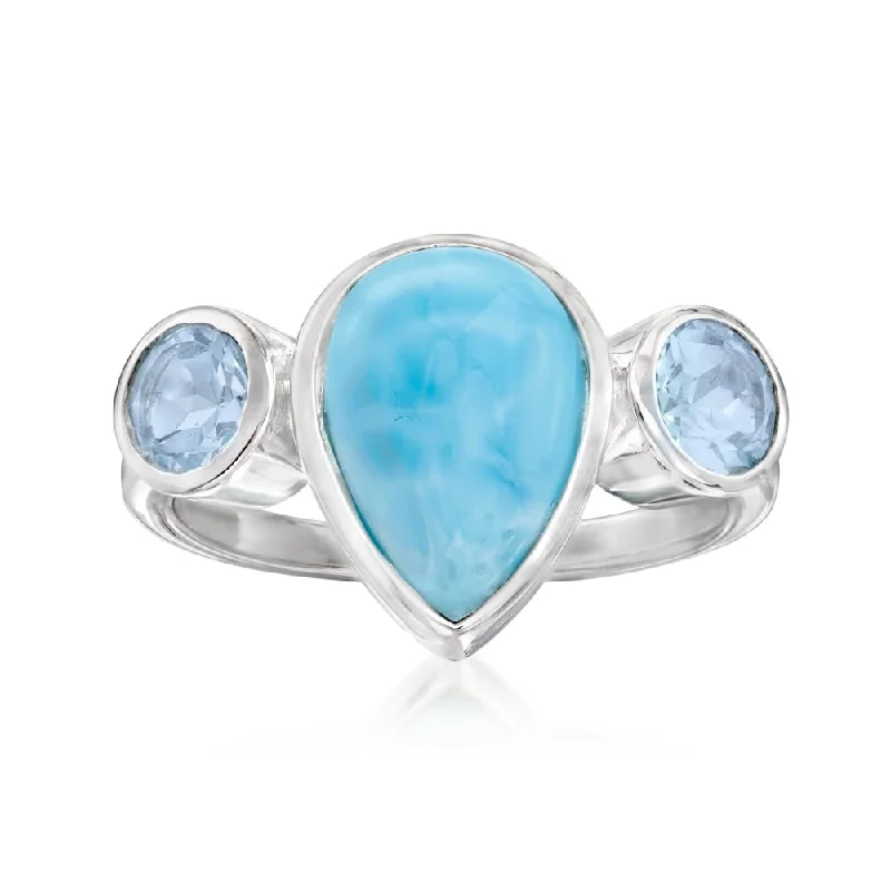 Women’s double ring-925 Sterling Silver Larimar and Sky Blue Topaz 3-Stone Ring