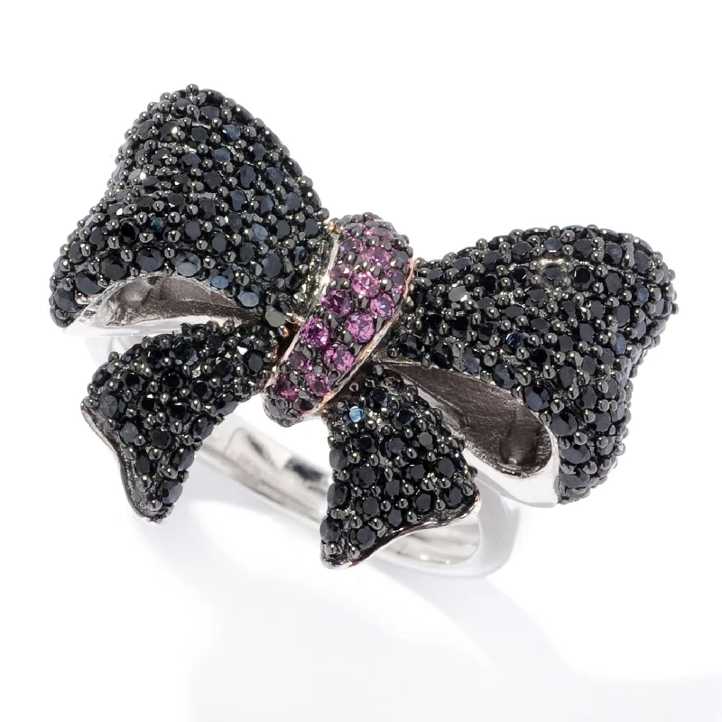 Women’s men’s style ring-Sterling Silver Black Spinel & Rhodolite Garnet Bow Ring