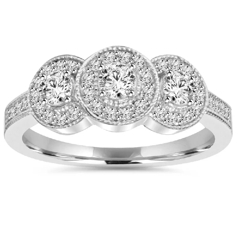 Women’s elegant ring-3/4CT 3-Stone Vintage Diamond Halo Ring White Gold