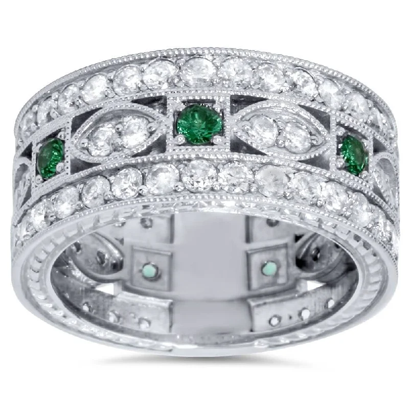 Women’s silver wedding ring-2 1/4ct Vintage Diamond & Emerald 3/4 Eternity Ring 9.5mm Wide White Gold