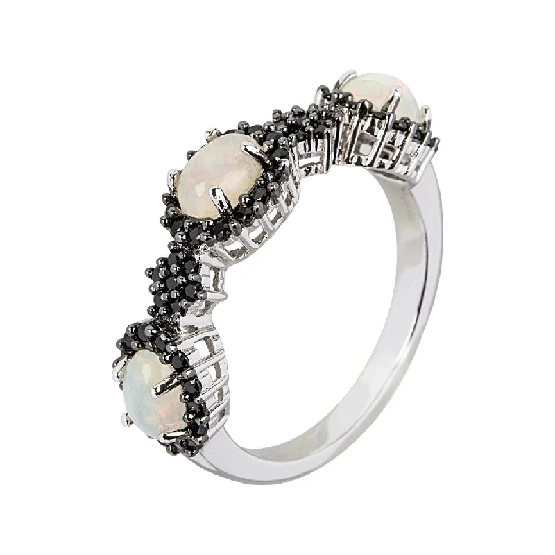 Women’s platinum ring-925 Sterling Silver Ethiopian Opal and Black Spinel Ring