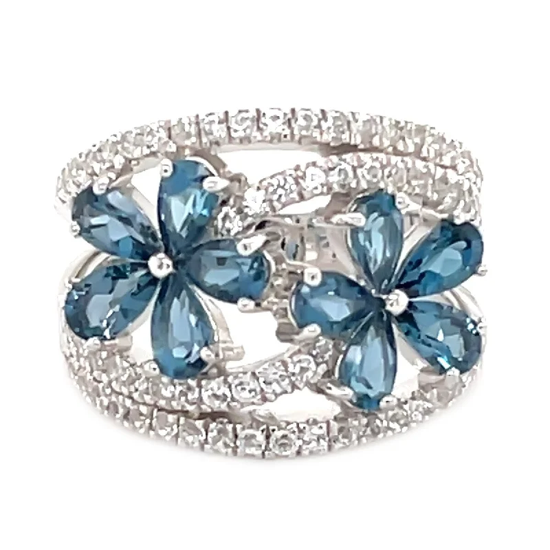 Women’s men’s style ring-925 Sterling Silver London Blue Topaz and Created White Sapphire Gemstone Flower Ring