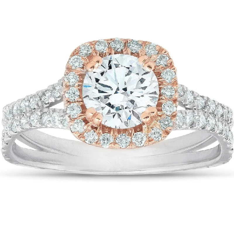 Women’s unique ring-1 5/8 Ct Diamond Engagemnt Ring Cushion Halo Two Tone 14k White & Rose Gold